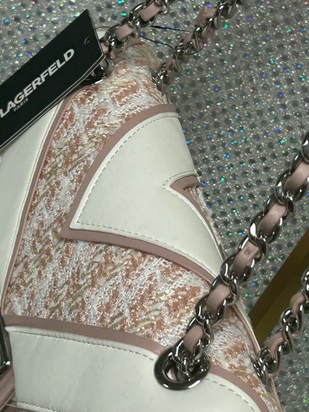 Karl Lagerfeld Blush Pink and White Tweed Chain Shoulder Bag - Picture 8 of 16